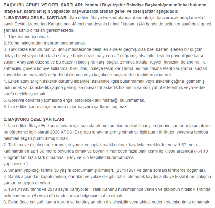 istanbul itfaiyesi personel alım ilanı şartları