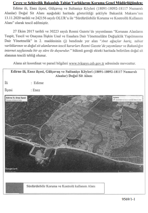 Edirne Enez ilçesi gülçavuş ve Sultaniçe doğal sit-Sürdürülebilir Koruma ve Kontrollü Kullanım Alanı