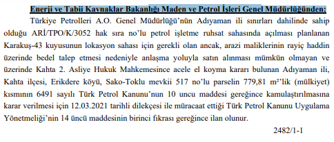 adıyaman kahta petrol arama için kamulaştırma kararı resmi gazete 21 mart 2021