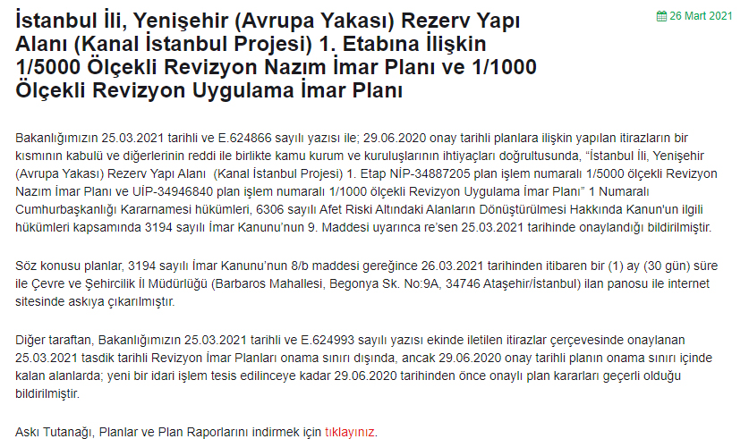 İstanbul İli, Yenişehir (Avrupa Yakası) Rezerv Yapı Alanı (Kanal İstanbul Projesi) 1. Etabına İlişkin 1/5000 Ölçekli Revizyon Nazım İmar Planı ve 1/1000 Ölçekli Revizyon Uygulama İmar Planı 26 Mart 2021