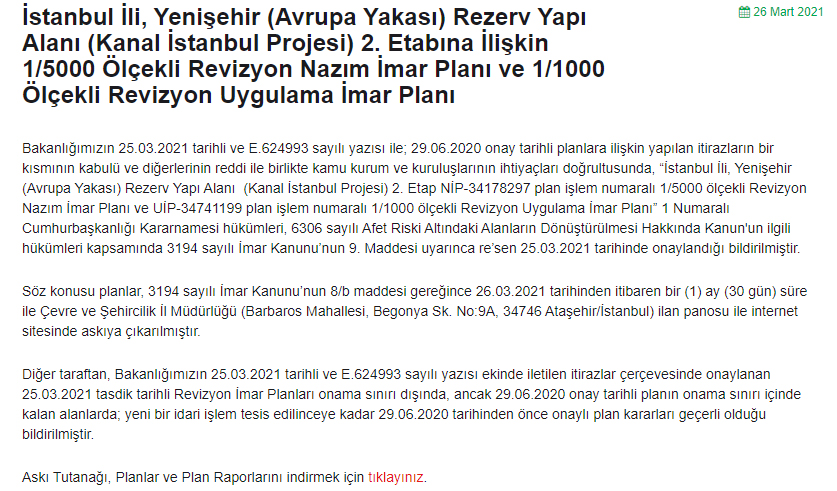 İstanbul İli, Yenişehir (Avrupa Yakası) Rezerv Yapı Alanı (Kanal İstanbul Projesi) 2. Etabına İlişkin 1/5000 Ölçekli Revizyon Nazım İmar Planı ve 1/1000 Ölçekli Revizyon Uygulama İmar Planı 26 Mart 2021