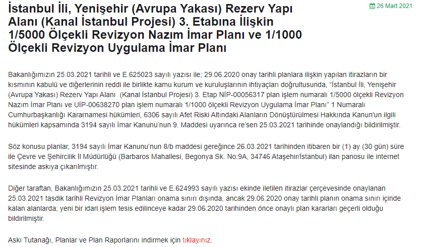 İstanbul İli, Yenişehir (Avrupa Yakası) Rezerv Yapı Alanı (Kanal İstanbul Projesi) 3. Etabına İlişkin 1/5000 Ölçekli Revizyon Nazım İmar Planı ve 1/1000 Ölçekli Revizyon Uygulama İmar Planı 26 Mart 2021