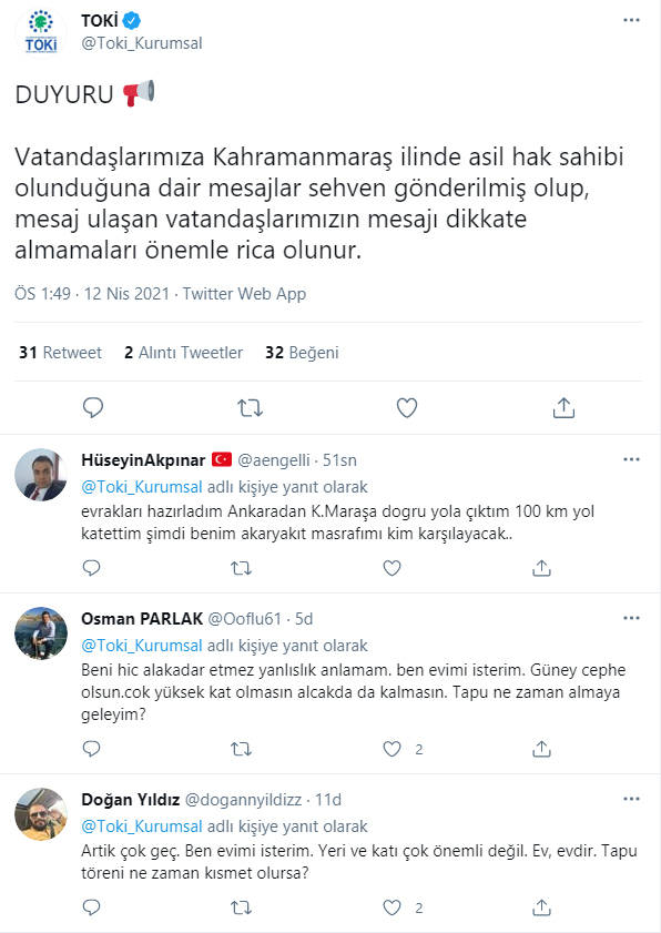 toki kahramanmaraş dulkadiroğlu twitter mesajı