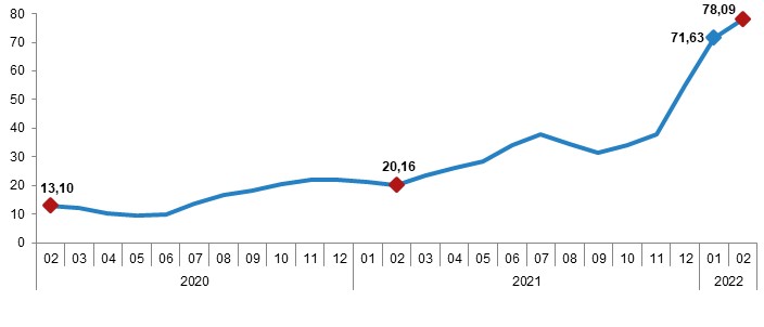 H-ÜFE yıllık değişim oranı (%), Şubat 2022     