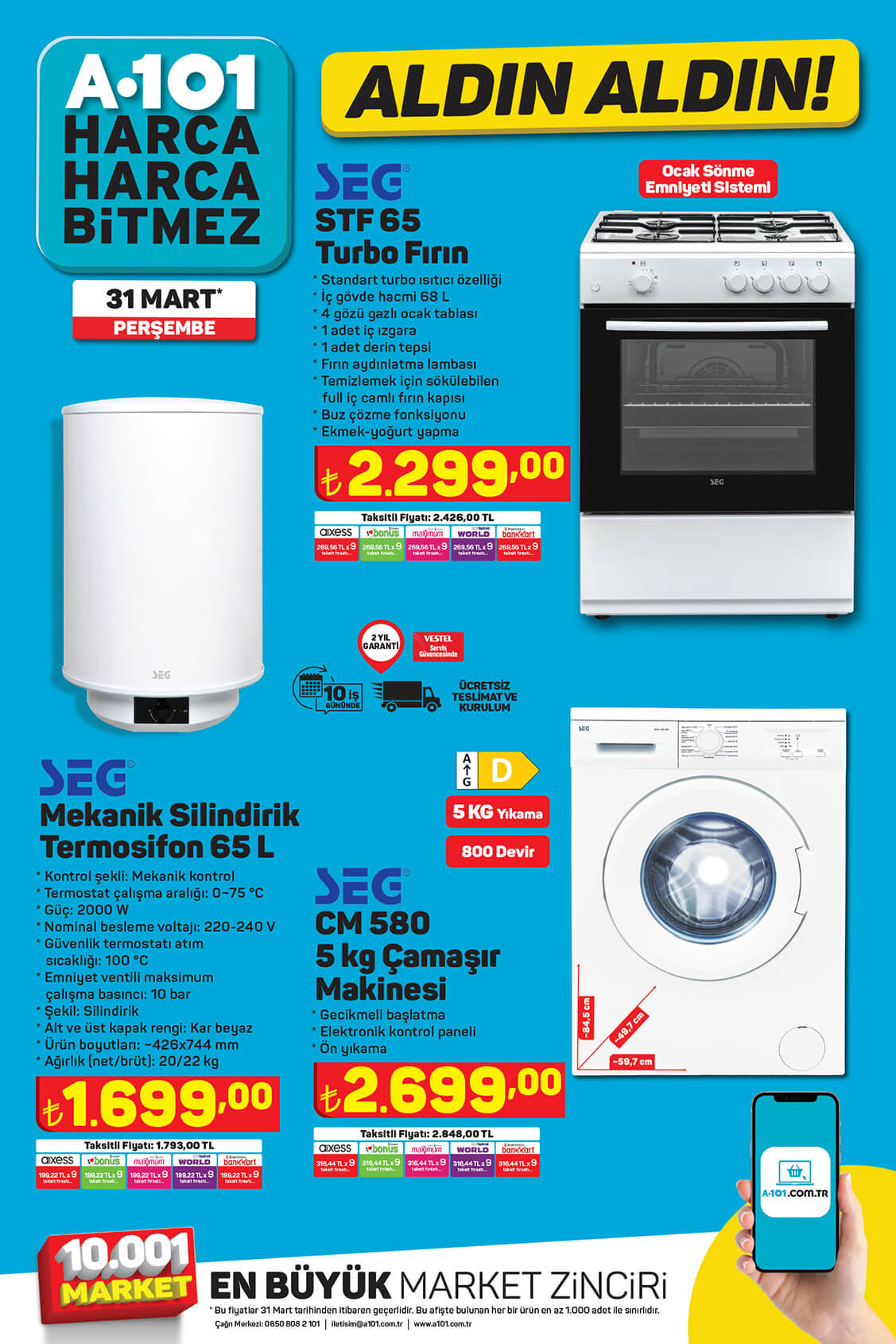 31 Mart A101 aktüel ürünler kataloğu fırın, çamaşır makinası