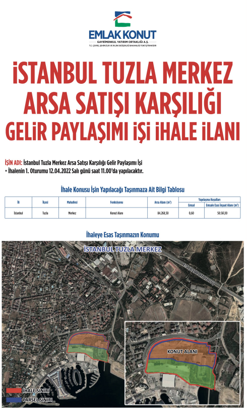 Emlak Konut GYO İstanbul Tuzla Merkez Arsa Satışı Karşılığı Gelir Paylaşımı İşi ihalesi
